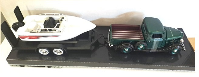 FORD PU WITH SPEED BOAT SET TRAILER GREEN 1937 1/24 EACH, DIECAST CAR, COLLECTABLE CAR.