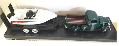 FORD PU WITH SPEED BOAT SET TRAILER GREEN 1937 1/24 EACH, DIECAST CAR, COLLECTABLE CAR.