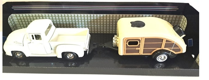 FORD F-100 PU WITH CARAVAN SET WHITE 1956 1/24 EACH, DIECAST CAR, COLLECTABLE CAR.