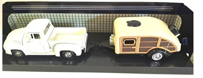 FORD F-100 PU WITH CARAVAN SET WHITE 1956 1/24 EACH, DIECAST CAR, COLLECTABLE CAR.