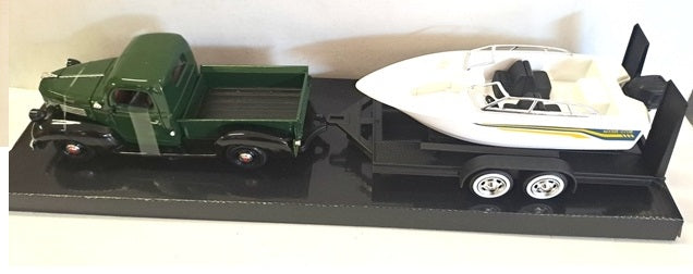 PLYMOUTH TRUCK WITH SPEED BOAT TRAILER GREEN 1941 1/24 EACH, DIECAST CAR, COLLECTABLE CAR.