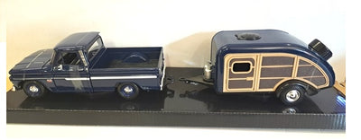 CHEVY C10 FLEETSIDE PU WITH CARAVAN BLUE 1966 1/24 EACH, DIECAST CAR, COLLECTABLE CAR.