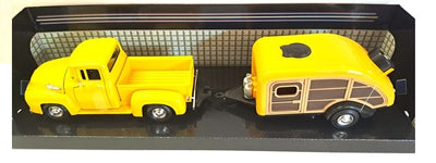 FORD F-100 WITH CARAVAN SET 1955 YELLOW 1/24 EACH, DIECAST CAR, COLLECTABLE CAR.
