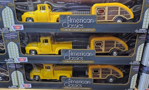 FORD F-100 WITH CARAVAN SET 1955 YELLOW 1/24 EACH, DIECAST CAR, COLLECTABLE CAR.