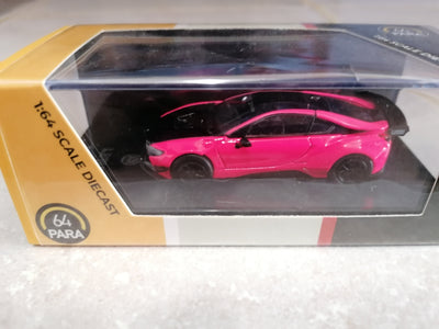 BMW LIBERTY WALK I8 HOT PINK BLACK ACCENT 1/64 DIECAST, DIECAST CAR, COLLECTABLE CAR.